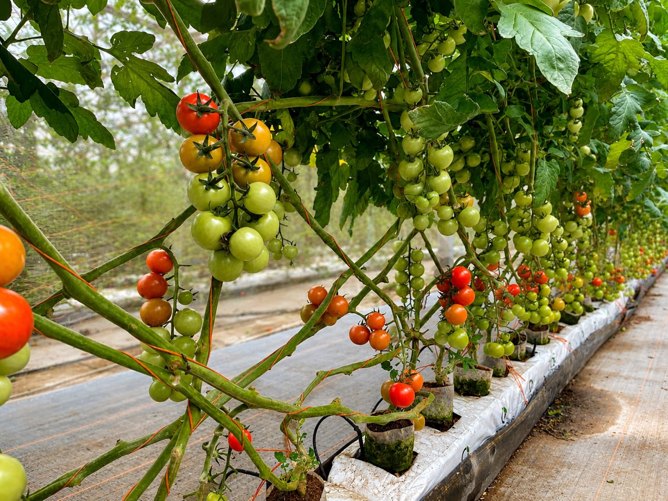 Racimos cargados sobre la línea de cultivo