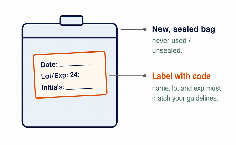 Sealed, labeled bag diagram